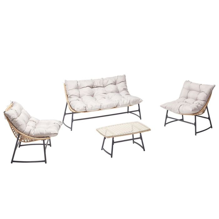 GUAHANA - Salon de jardin avec canapé fauteuils et table basse rectangulaire beige en résine et verre trempé GUAHANA - Salon de jardin avec canapé fauteuils et table basse rectangulaire beige en résine et verre trempé