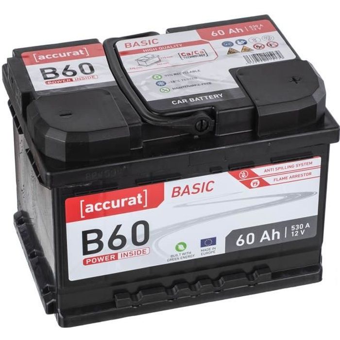 Accurat 12 V Batterie Auto 60Ah 530A Batterie à cellule humide (+ droit) B13 voiture 242 x 175 x 175 m