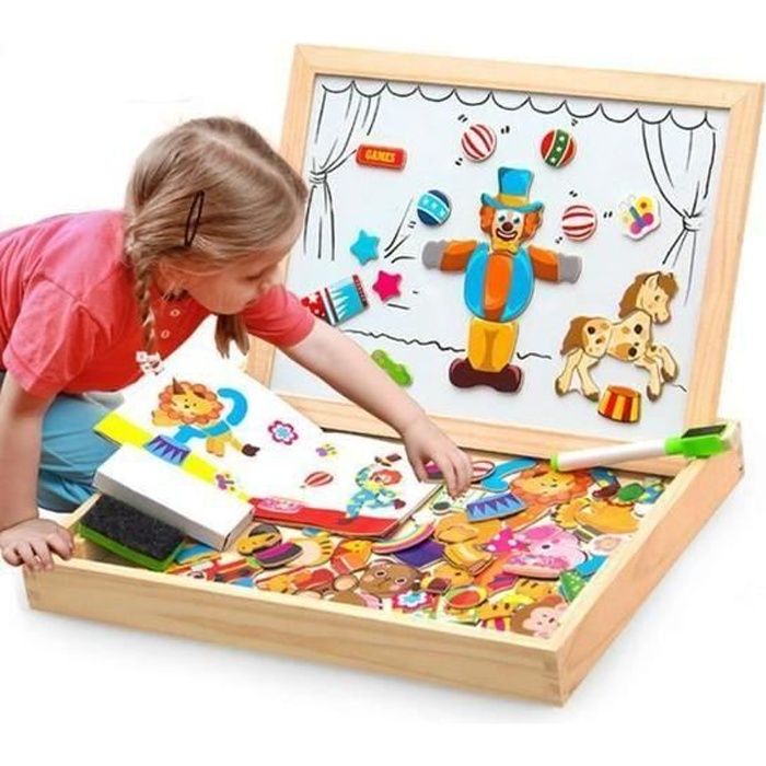 puzzles en bois magnétique 100 pièces tableau double face aimanté planche à dessin jouet educatif enfant 3 ans plus