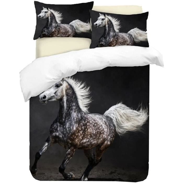 Housse De Couette 220x240 Cm Motif Chevaux 3D + 2 Taies 50x75 - Microfibre Douce, Fermeture éclair