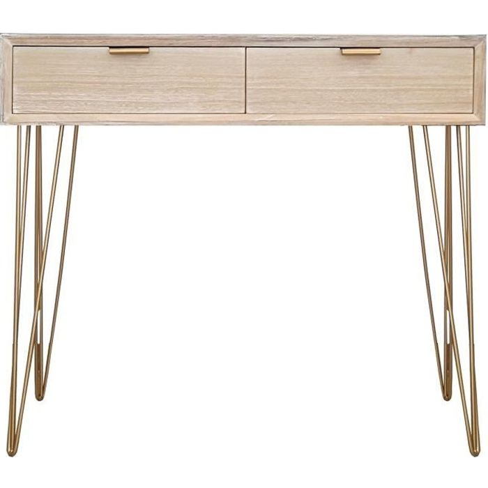 Console Copenhague dorée 90x80.5, bois naturel MDF, 2 tiroirs , entrée et couloir/ style rétro vintage