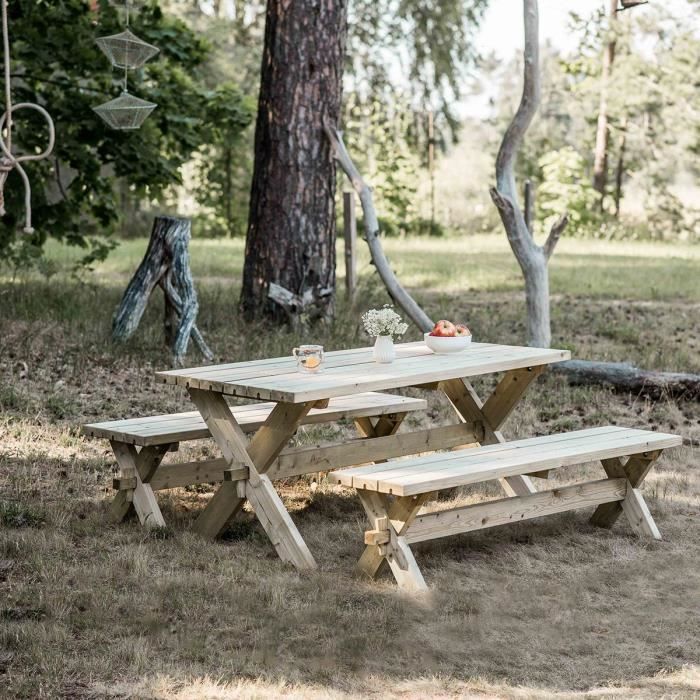 Salon de jardin en bois table et 2 bancs