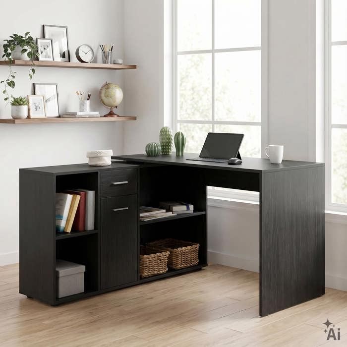 Bureau dangle CARMEN avec meuble de rangement intégré 4 étagères 1 porte et 1 tiroir décor noir mat