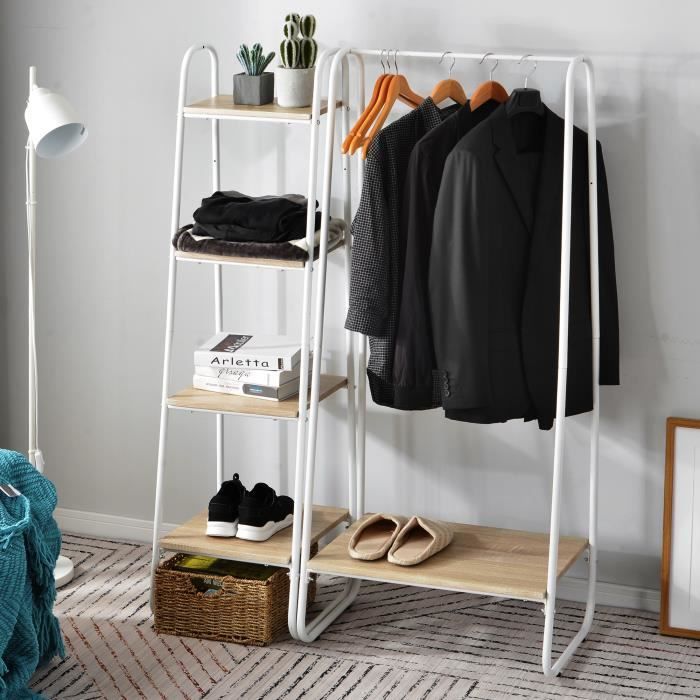 Portant A Vetement Tringles Multifonction En Metal Avec Etagere A Chaussures Armoire De Rangement 4 Niveaux Echelle En Bois Blanc Cdiscount Maison