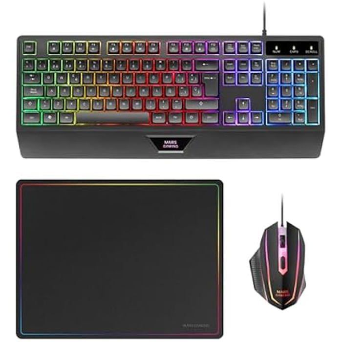 MARSGAMING MCP124 Combo de Jeu 3 en 1 Clavier Ergonomique H-Mech LED RVB Souris RVB 3200 DPI HUANO Tapis de Souris nanotextile