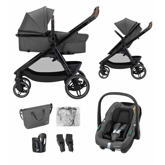 MAXI-COSI Poussette 3 en 1 Zelia S Trio2 Nacelle+Siège auto Cabriofix S iSize+Sac à langer+habillage pluie 0-22Kg Dark grey