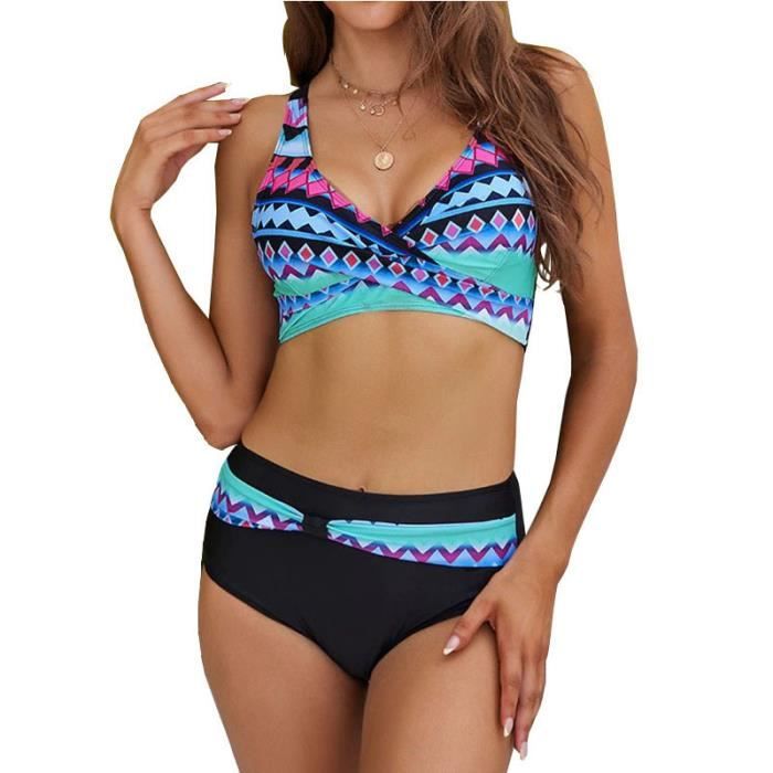 Maillot De Bain 2 Pièces Femme Push-up – Bikini Tie-dye Taille Haute, Col V – Soutien Large Bretelles – Parfait Pour Plage, Piscine, Vacances