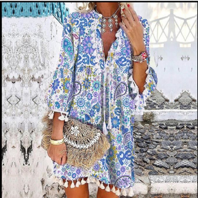 Robe Ete Femme de Plage Robes Col V Manches Longues Boheme A Line Mini Robe Floral Robe de Soiree Cocktail cool Bleu naishen Bleu Cdiscount Pret a Porter