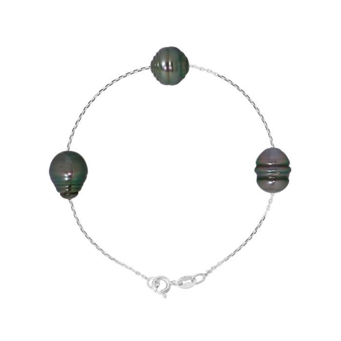 perlinea - bracelet - véritables perles de culture de tahiti 9-10 mm - anneau ressort - argent 925 millièmes - bijoux femme