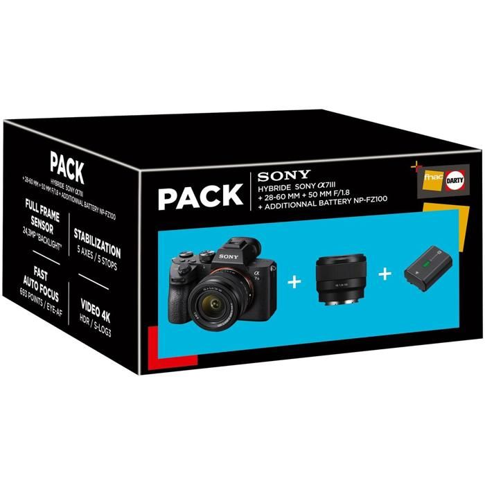 Pack Fnac Appareil photo hybride Sony Alpha 7III + FE 28 60mm f4 5.6 + FE 50mm f1 8 + Batterie additionnelle Sony NP FZ100 - vue 5