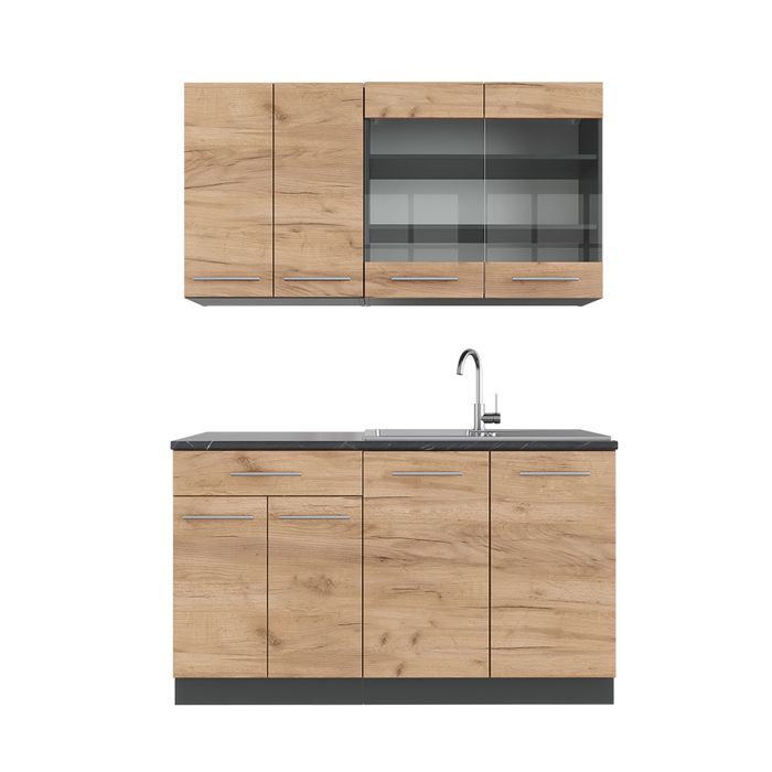 Cuisine Fame-Line bleu foncé brillant/chêne doré 300cm , PT Anthracite Vicco | bleu foncé brillant/chêne doré | avec PT anthracite | 406673141510603