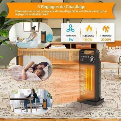 Mini chauffage soufflant céramique 500W - Mini radiateur soufflant avec télécommande - Minuterie 1 à 12h - Thermostat 15
