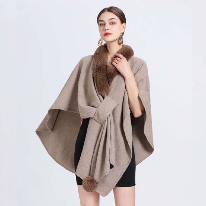 Manteau Poncho Tricoté de Luxe Surdimensionné en Fausse Fourrure, Enveloppes à F