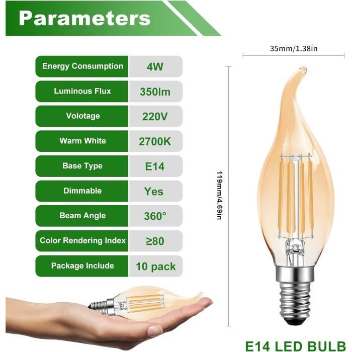 Lot De 12 Ampoules LED E14 Forme Bougie 4W - Blanc Froid 6500K, 400 Lm, équivalent 40W, 30000 Heures