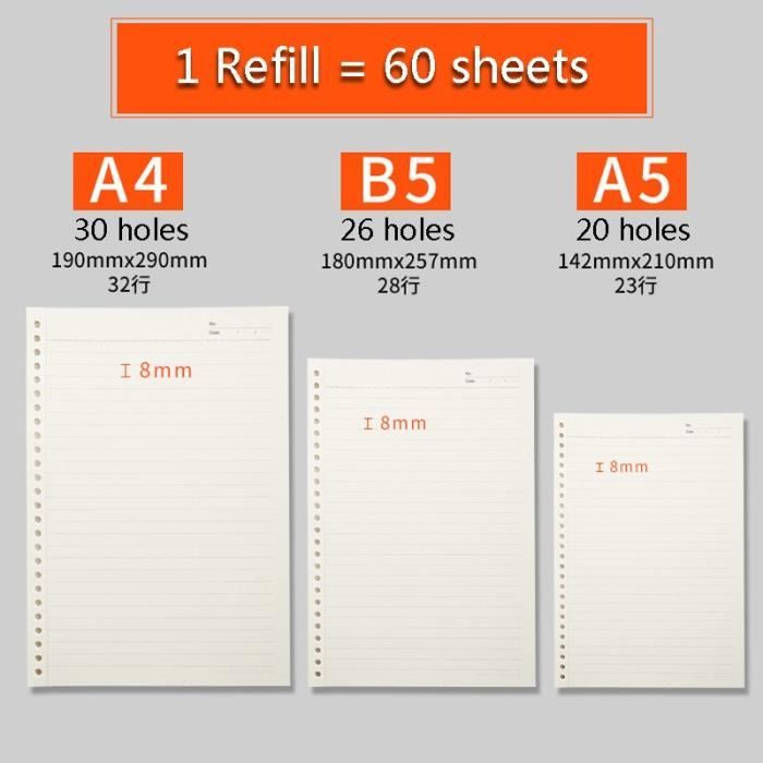 90 Feuilles Papier Recharge B5 Vierges 100g/m² - 9 Trous Pour Classeur (18 X 25,5 Cm)
