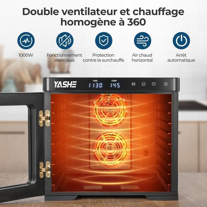 YASHE Déshydrateur Alimentaire 8 Plateaux – Température Et Temps Réglables (35-70°C, 1-72h) – Parfait Pour Fruits, Légumes, Viande, Herbes – Sans BPA
