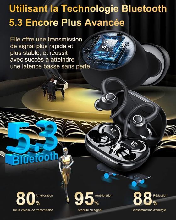 Écouteurs Bluetooth Sport Sans Fil 5.3 - 128h Autonomie, IPX7 étanche, Micro ENC, écouteurs Avec étui Chargeur LED, Pour IOS/Android