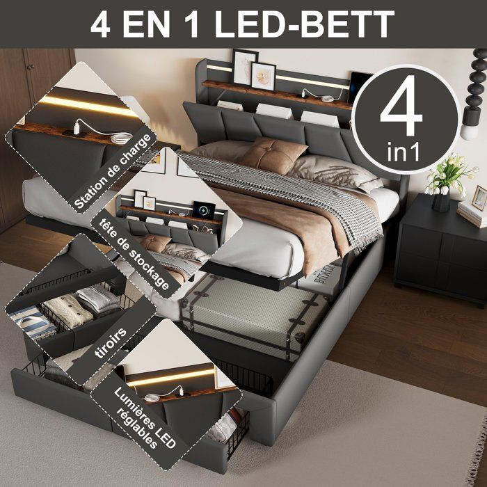 Lit Coffre 140×190 Cm Avec LED RGB, Tête De Lit Avec Ports USB Et 4 Tiroirs De Rangement Velours Doux Design Moderne