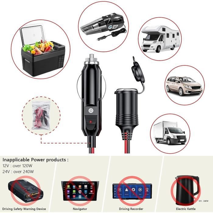 Rallonge Allume-cigare G67CS – 2 Mètres, 12V/24V, 5A, Avec Fusible En Verre, Pour Voiture, Camping, Bateau – Idéale Pour Glacière, GPS