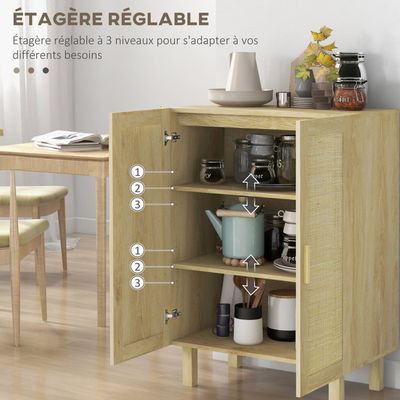 Buffet/meuble de rangement avec deux portes en rotin, tiroirs, niche ouverte et étagères réglables ; 75 x 30 x 79,5 cm ; couleur bois naturel. | Leroy Merlin
