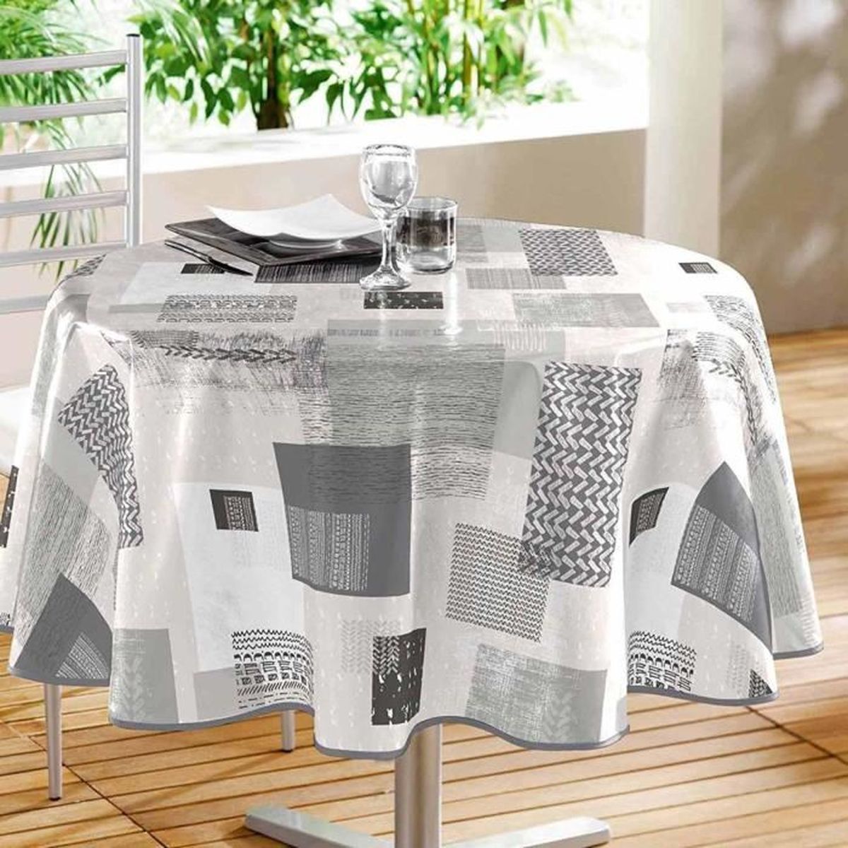 Toile Ciree Patchwork Carre Gris Ronde 160cm Achat Vente Nappe De Table Cdiscount