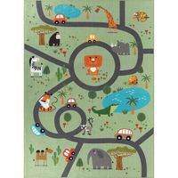 the carpet Happy Life - Tapis de jeu pour chambre d'enfant avec des rues et des animaux de la jungle mignons, vert, 140 x 200 cm