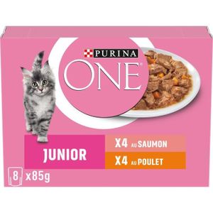 BOITES - PATÉES LOT DE 5 - PURINA ONE - Pâtée pour chat Junior Saumon Poulet - boite de 8 sachets de 85 g