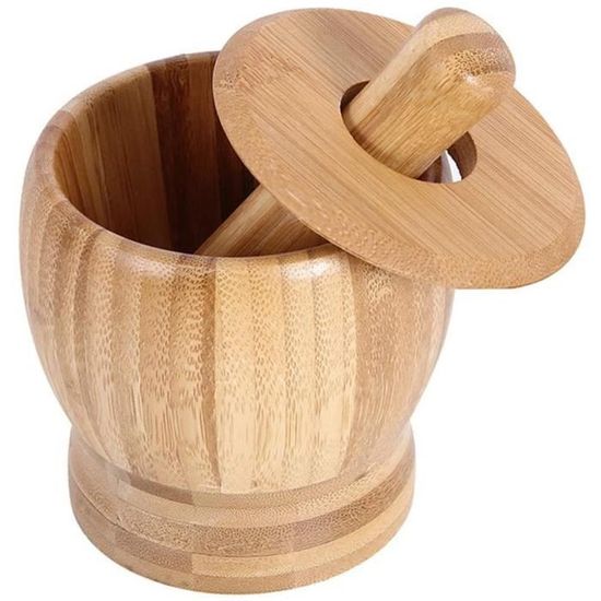 Cabilock Set de Mortier Et Pilon Bambou Guacamole Bol avec Couvercle pour Épices Assaisonnements Pâtes Pestos Taille S 
