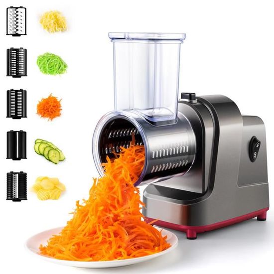 KUMIAO Râpe à Fromage Électrique 1000W - 5 Cônes Interchangeables, Coupe-Légumes Multifonction