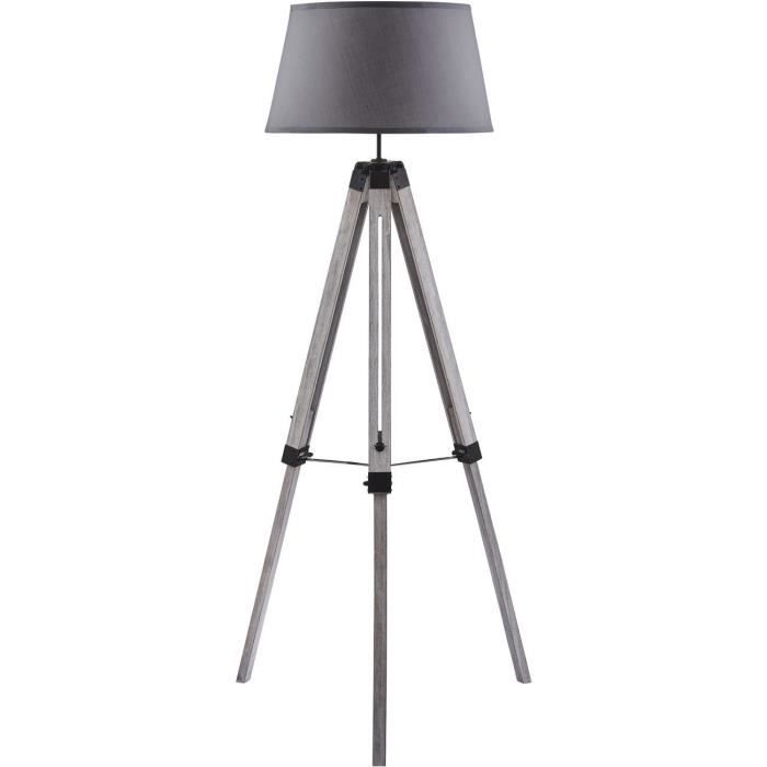 Lampadaire ASHER Gris - abat jour Tissu pieds Bois