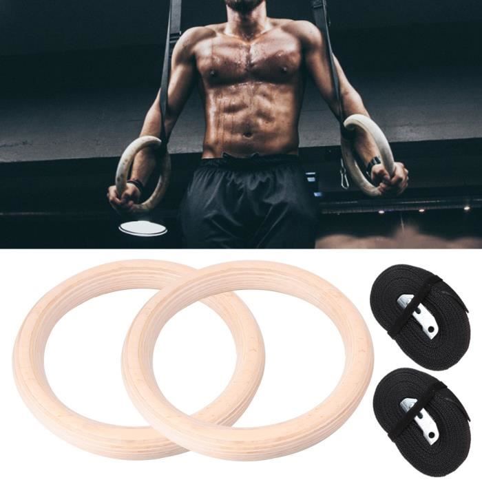 1 paire d'anneaux de gymnastique professionnels en bois Gym Fitness musculation avec sangles en polyester-1SHC
