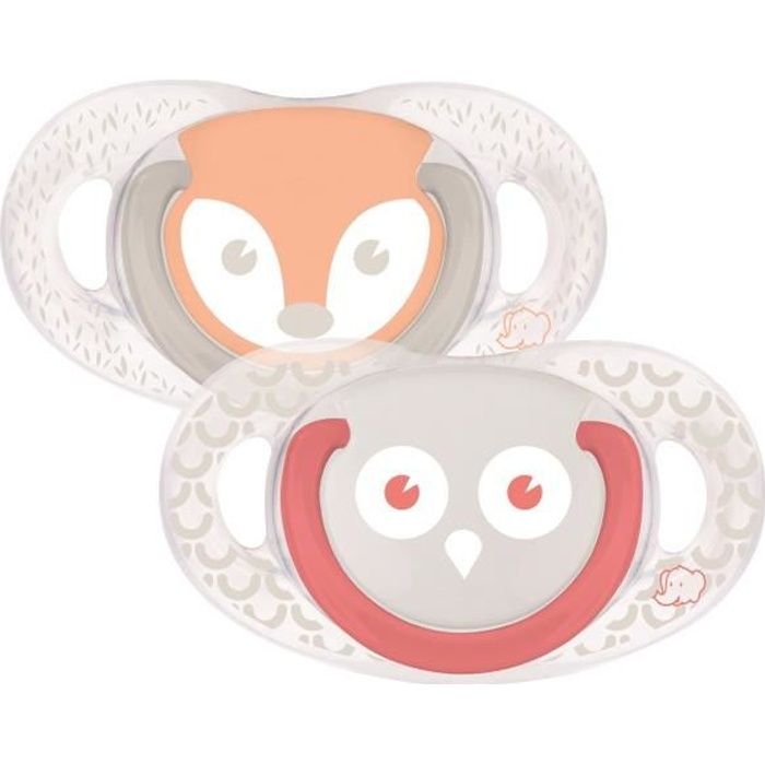 BEBE CONFORT Sucette natural physio silicone - Hibou et renard - 18 / 36 mois - Lot de 2