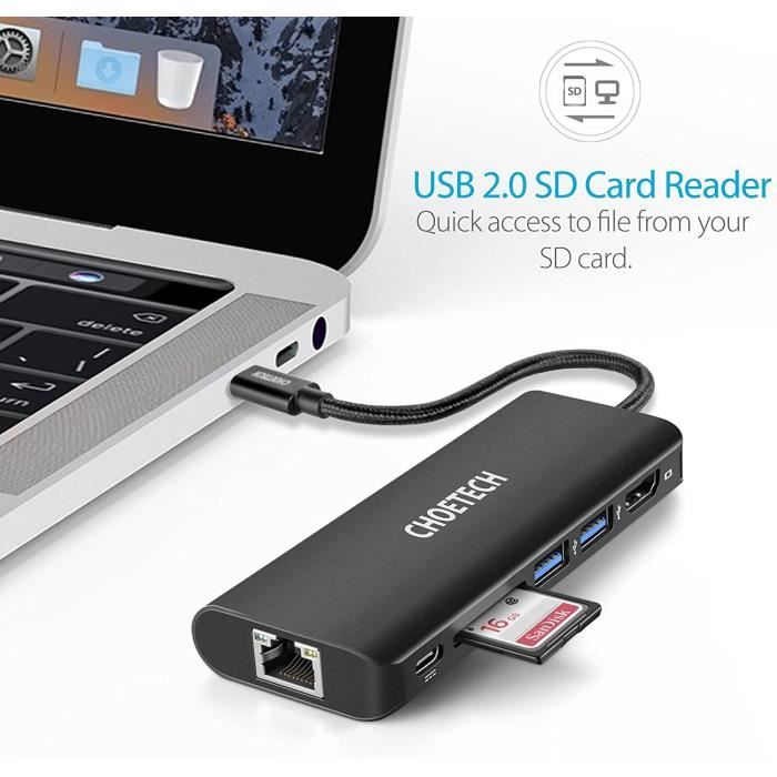 CHOETECH Hub USB C vers Ethernet 6 en 1 Adaptateur USB C vers HDMI 4K,Power Delivery, 2 USB 3.0, Lecteur de Carte SD,Port Ethernet(1
