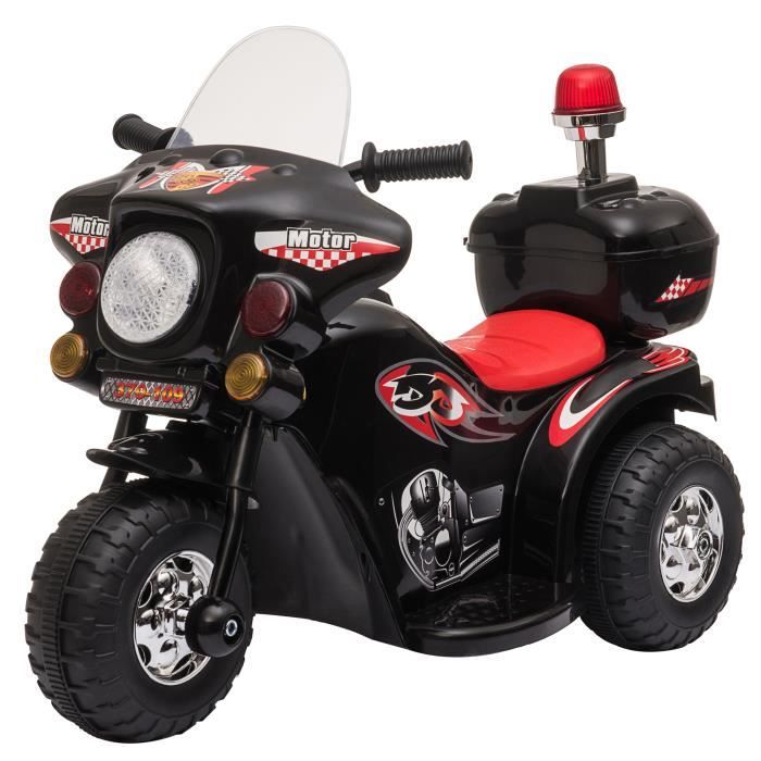 Moto scooter électrique pour enfants modèle policier 6 V 3 Km/h fonctions lumineuses et sonores top case noir