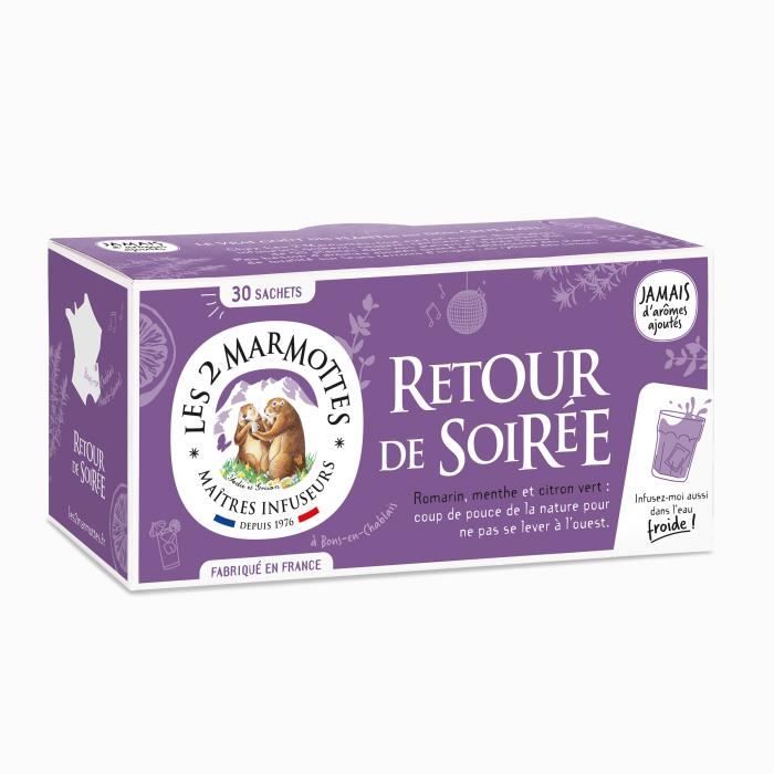 Les 2 Marmottes - Infusion Retour de Soirée BIO - 30 sachets - Romarin, menthe et citron - Fraiche et Revigorante