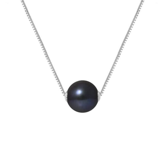 PERLINEA - Collier Perle de Culture d'Eau Douce AAA+ Ronde 9-10 mm - Noire - Vénitienne - Argent 925 Millièmes - Bijoux Femme