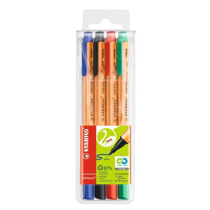 STABILO GREENpoint - Pochette de 4 stylos-feutres - noir + bleu + rouge + vert