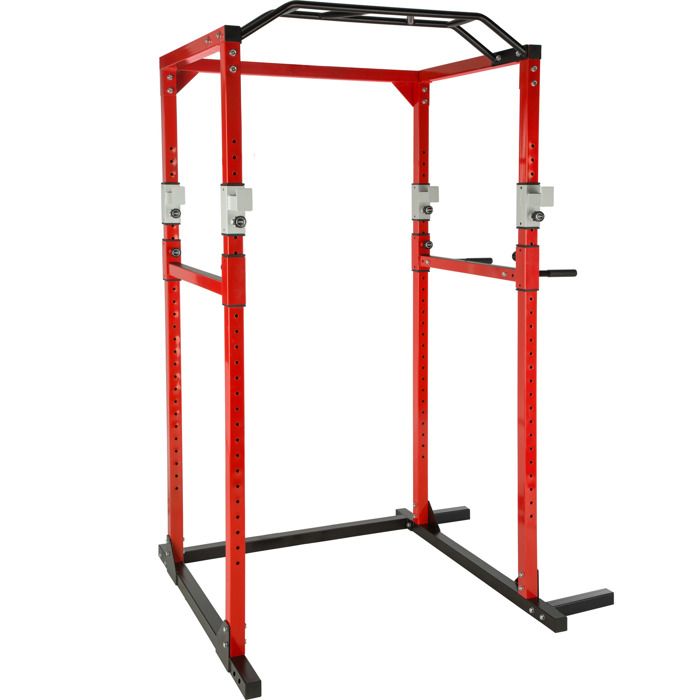 TECTAKE Cage de Musculation Traction Squats Dips 4 Supports pour Haltères 120 cm x 140 cm x 215 cm Rouge