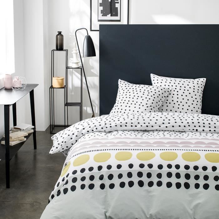 Parure de lit 2 personnes 240X260 Coton imprime blanc Graphique SUNSHINE