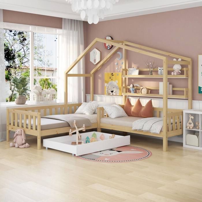 lit d'enfant lit familial avec tiroirs et étagères, palissade en bois massif et cadre à lattes, structure en l, naturel