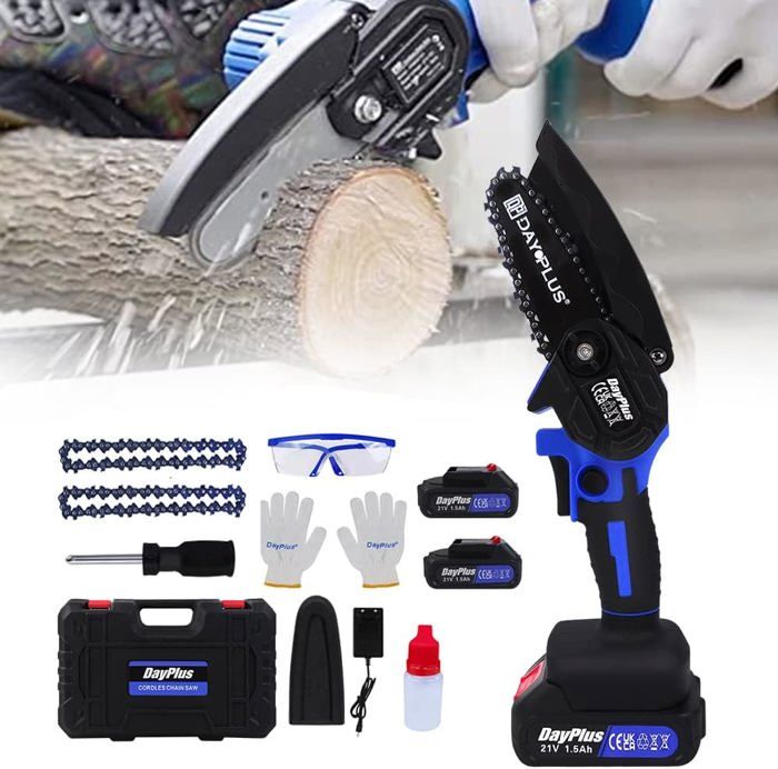 AOKBON Mini Tronçonneuse à Batterie 4 Pouces - 2 Batteries + 2 Chaînes - Scie Électrique Sans Fil Pour Jardin Et Coupe Du Bois