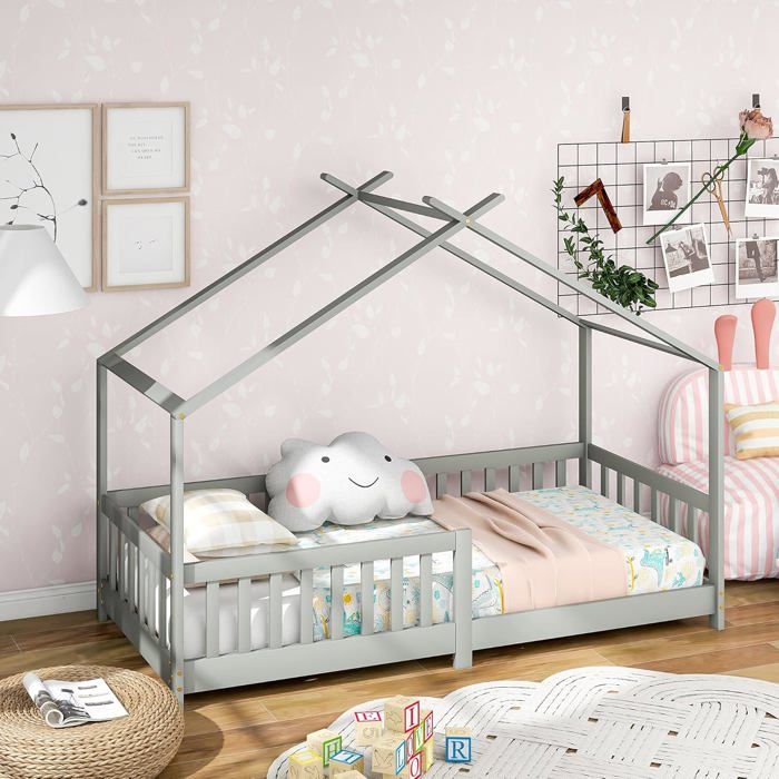 Lit Enfant 90x200 Cm En Bois De Pin Massif Blanc – Lit De Sol Avec Barrière Anti-Chute, Sommier à Lattes Inclus, Style Scandinave