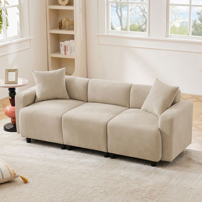 Canapé 3 Places en Tissu Chenille Beige – Sofa Moderne avec Assise Large Dossier Haut et 2 Coussins Déco Inclus