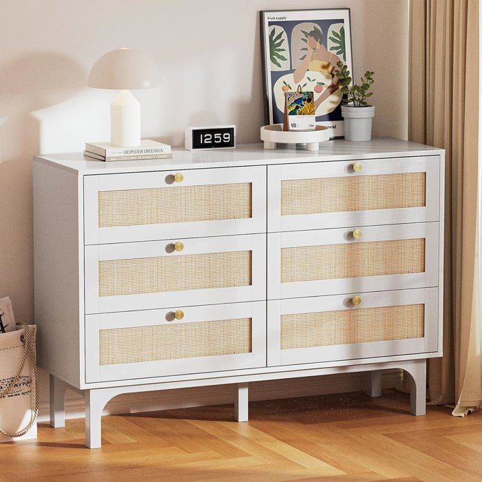 Commode en rotin à 6 tiroirs Meuble Rangement Commode Chambre avec tiroirs 120 x 40 x 85 cm Blanc
