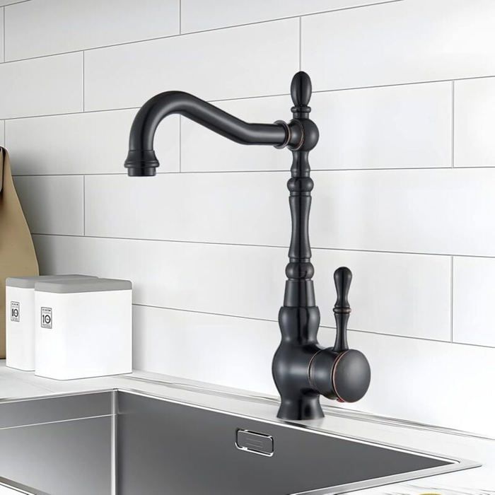 Robinet de cuisine - PZCC - Vintage - Noir - Bec pivotant 360° - Valve céramique étanche
