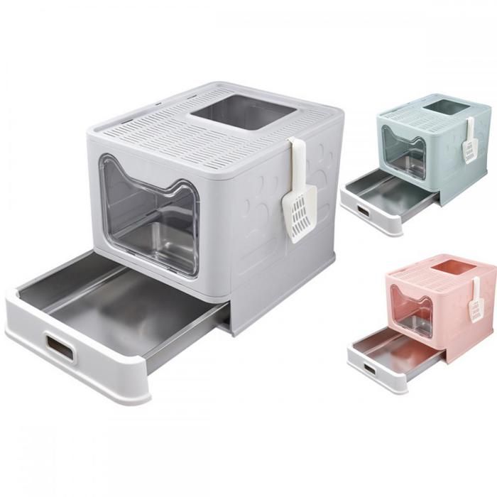 Meilleurs prix pour Bac à litière en acier inoxydable de type tiroir-MENGDA-Pliable-Anti-odeursantiadhésifétanche-Pelle incluse-Gris