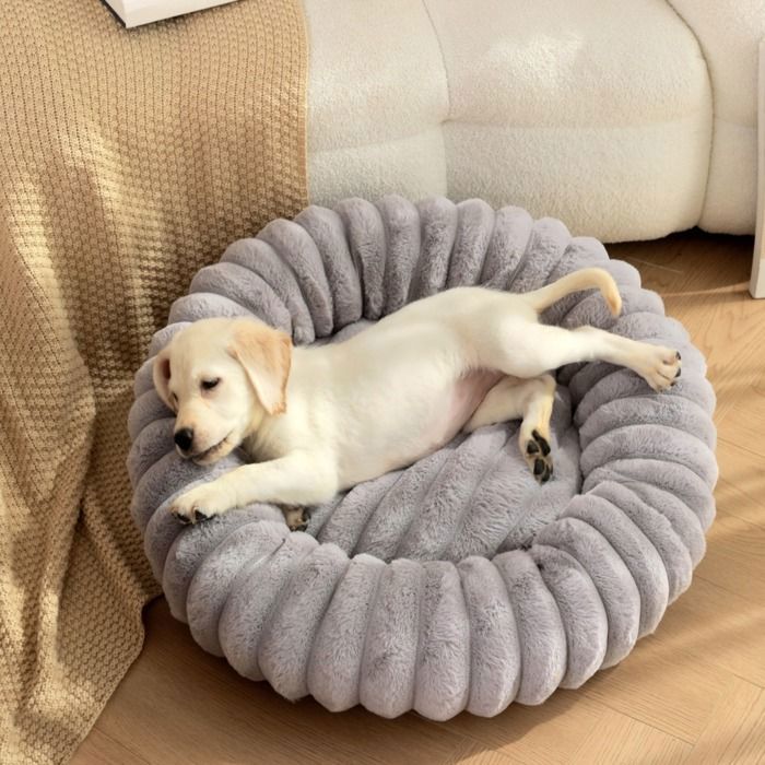 Lit Beignet pour Chat -40cm Coussin Rond Apaisant en Peluche Lavable avec Fond Antidérapant pour ChatonChiot-gris