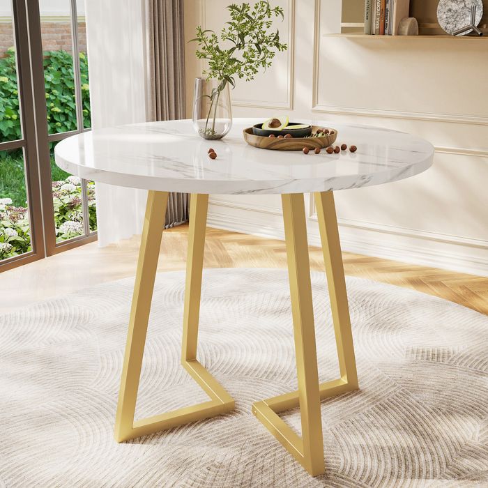 Table à manger ronde 80 × 75 cm pour salle à manger avec plateau effet marbre et pieds métalliques blanc/Or