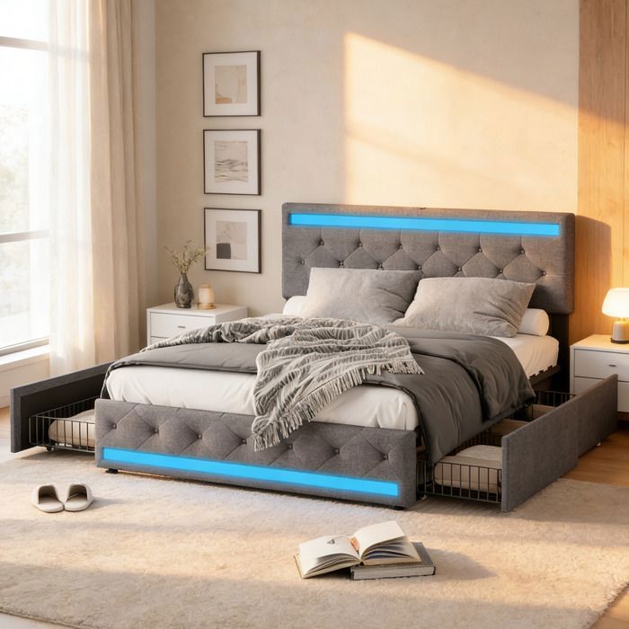 Lit Double 140x190 avec Sommier LED et USBLit Coffre avec 4 Tiroirs et Tête de Lit réglableCadre de lits pour AdultesGris Lin