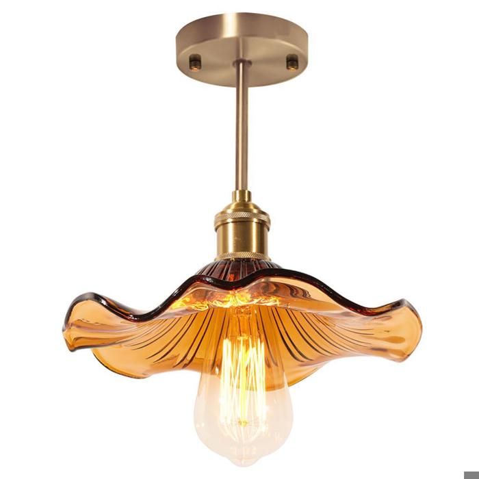 WOTTES 1 x Lampe de Plafond en Verre Ambre et Doré Tige Ø23CM Vintage Créativité Fleur Plafonnier E27 Éclairage Lustre Couloir